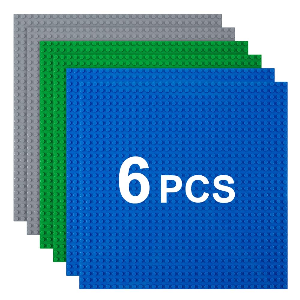 HOTUT Classic Baseplates, 6 Pack Square 32x32 Stud Building Base, 10"×10" Large Building Board Base Plates, 100% Compatible with All Major Brands, Build and Display Board Set - Grey/Green/Blue — image 1