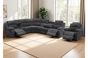 Anthato Manual Reclining Sectional Sofa Set, Living Room Furniture Sets, L-Shaped Sectional Couch & Chair, Comfy 7-Seat Corduroy Fabric Recliner Couch with Coffee Table/Cup Holders for Office, Grey