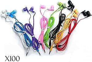 JustJamz 3.5mm Stereo in-Ear Bulk Earbud Headphones Wholesale Earphones for Classroom Library Kids (Assorted Colors), 100 Pack