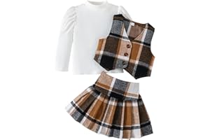 Guodeunh Toddler Girls Fall Outfits Knit Rib Shirt Tops Button Down Vest Plaid Skirt Set Winter Holiday Clothes 2-8Y