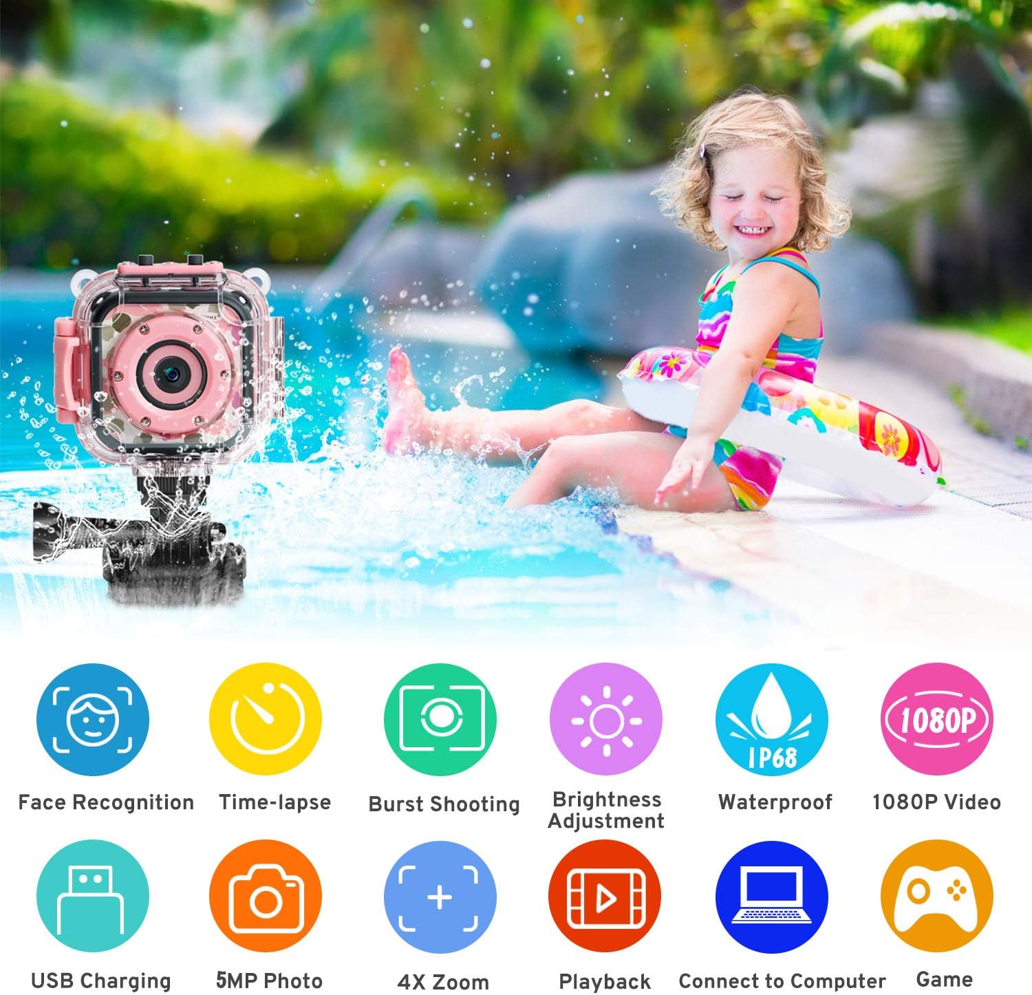 PROGRACE Children Kids Camera Waterproof Digital Video HD Action Camera 1080P Sports Camera Camcorder DV for Girls Birthday Holiday Gift Learn Camera Toy 1.77'' LCD Screen (Pink): Toys & Games