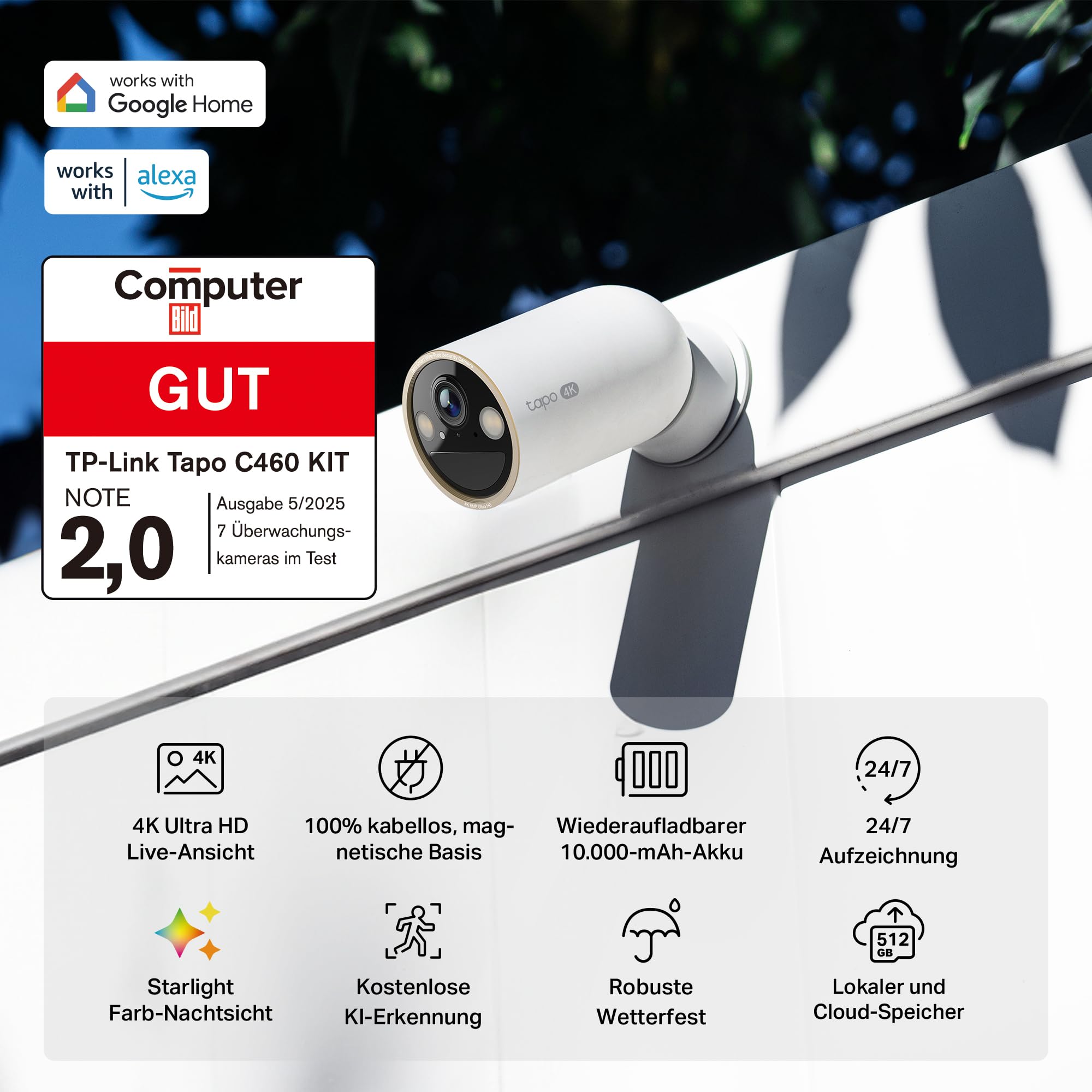 Tapo C460 4K 8MP Überwachungskamera Aussen Akku, Starlight-Farb-Nachtsicht, Dual-Band WLAN, Magnetfuß, Verschlüsselte microSD-Aufzeichnung, KI-Erkennung, 10000-mAh-Akku 2