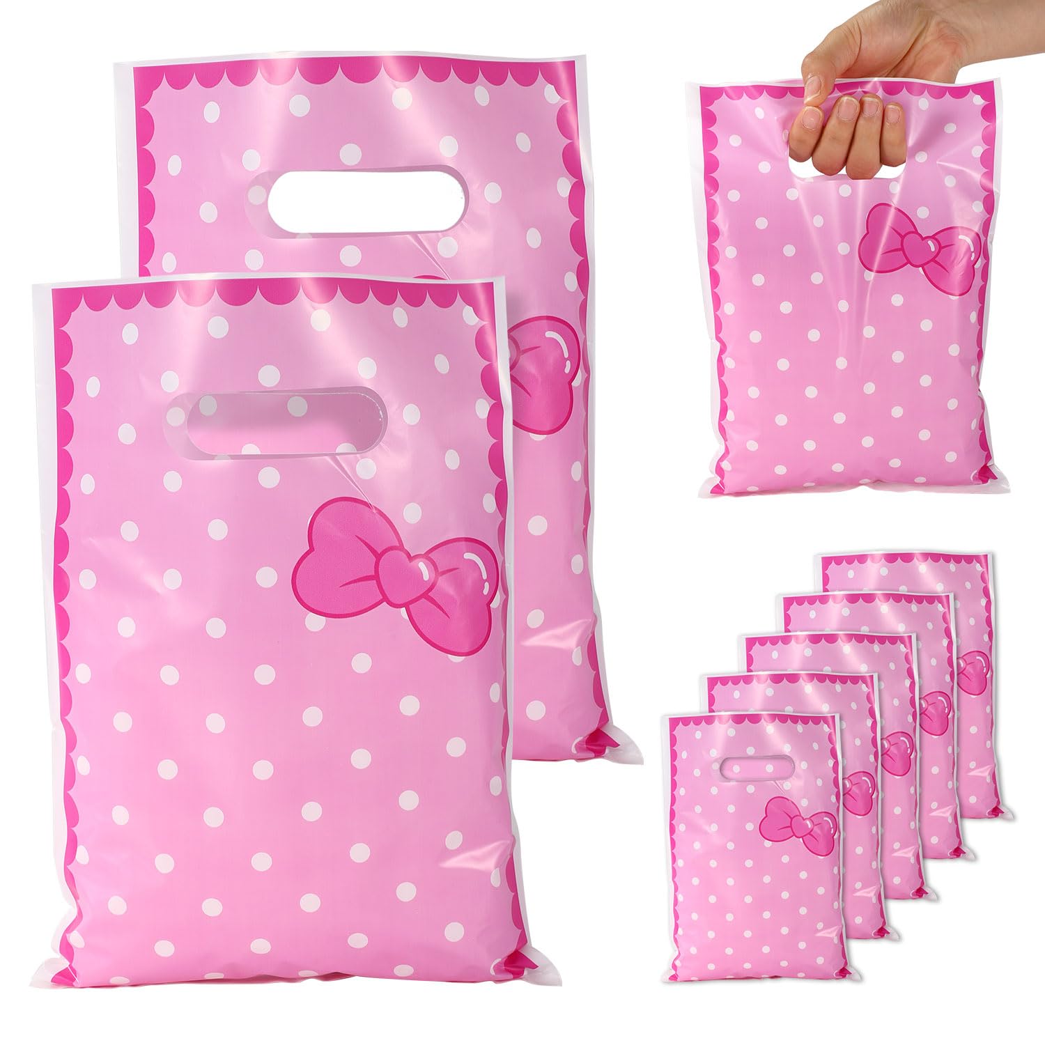 Photo 1 of 50pcs Cartoon Gift Bags, Cute Pink Bow Party Favor Bags with Handle & White Polka Dots Print for Candy Snacks Goodies Treat Goody Baby Shower Kids Birthday Party Supplies Decoration