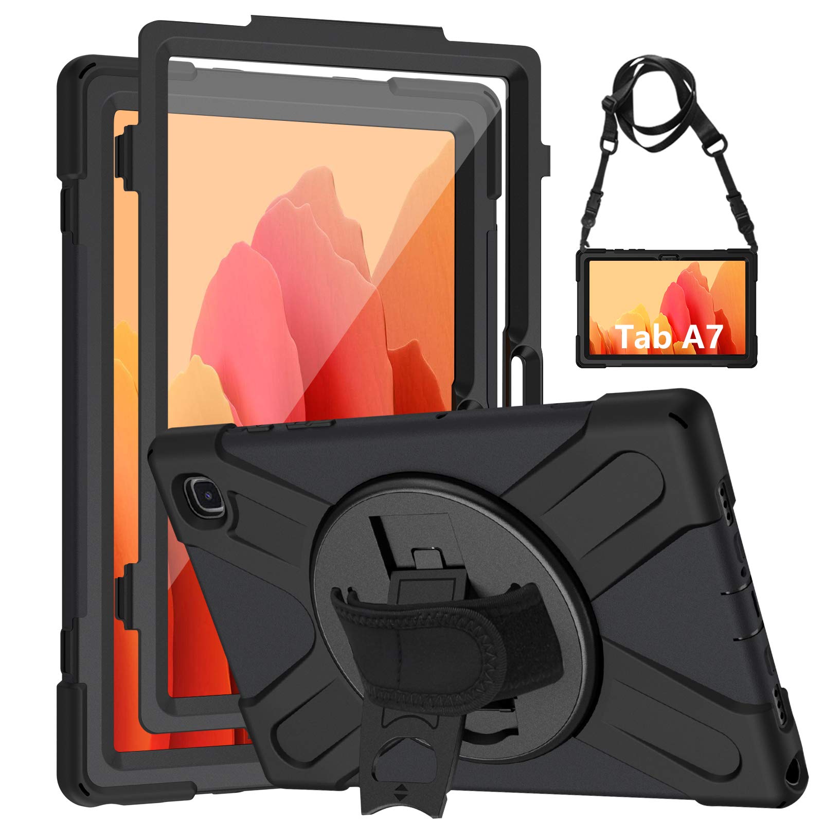 Gerutek Samsung Galaxy Tab A7 10.4 Case with Screen Protector 2022/2020, SM-T500 /SM-T505 Full body Shockproof Rugged Case with 360 Rotating Kickstand/Hand &Shoulder Straps for Samsung Tab A7,Black