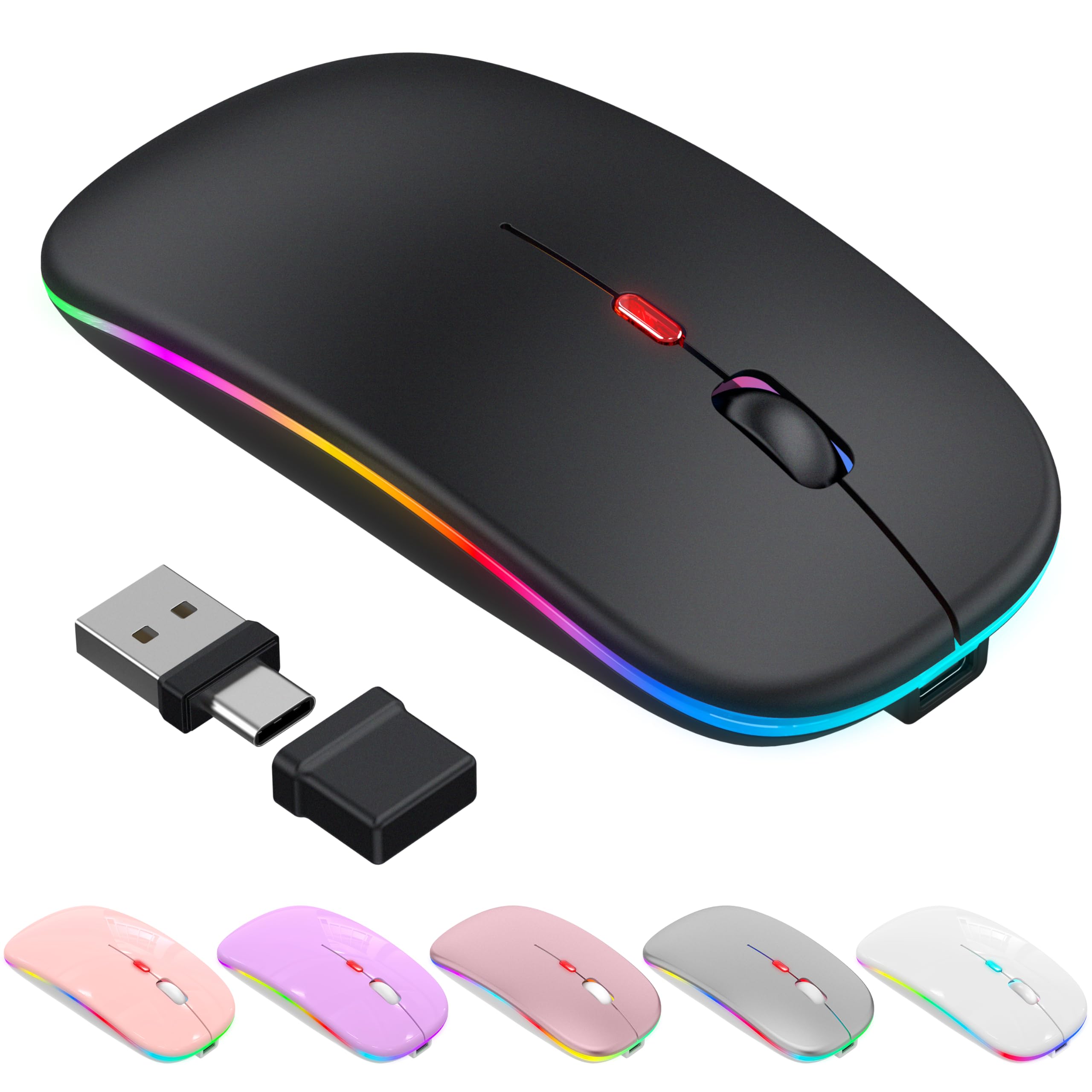 Photo 1 of Azmall Bluetooth Wireless Mouse,LED Rechargeable Silent Mouse with 2.4GHz USB-A/USB-C Receiver & Type-C Adapter, Compatible with Laptop MacBook Pro/Air iPad Mac Tablet PC- Black