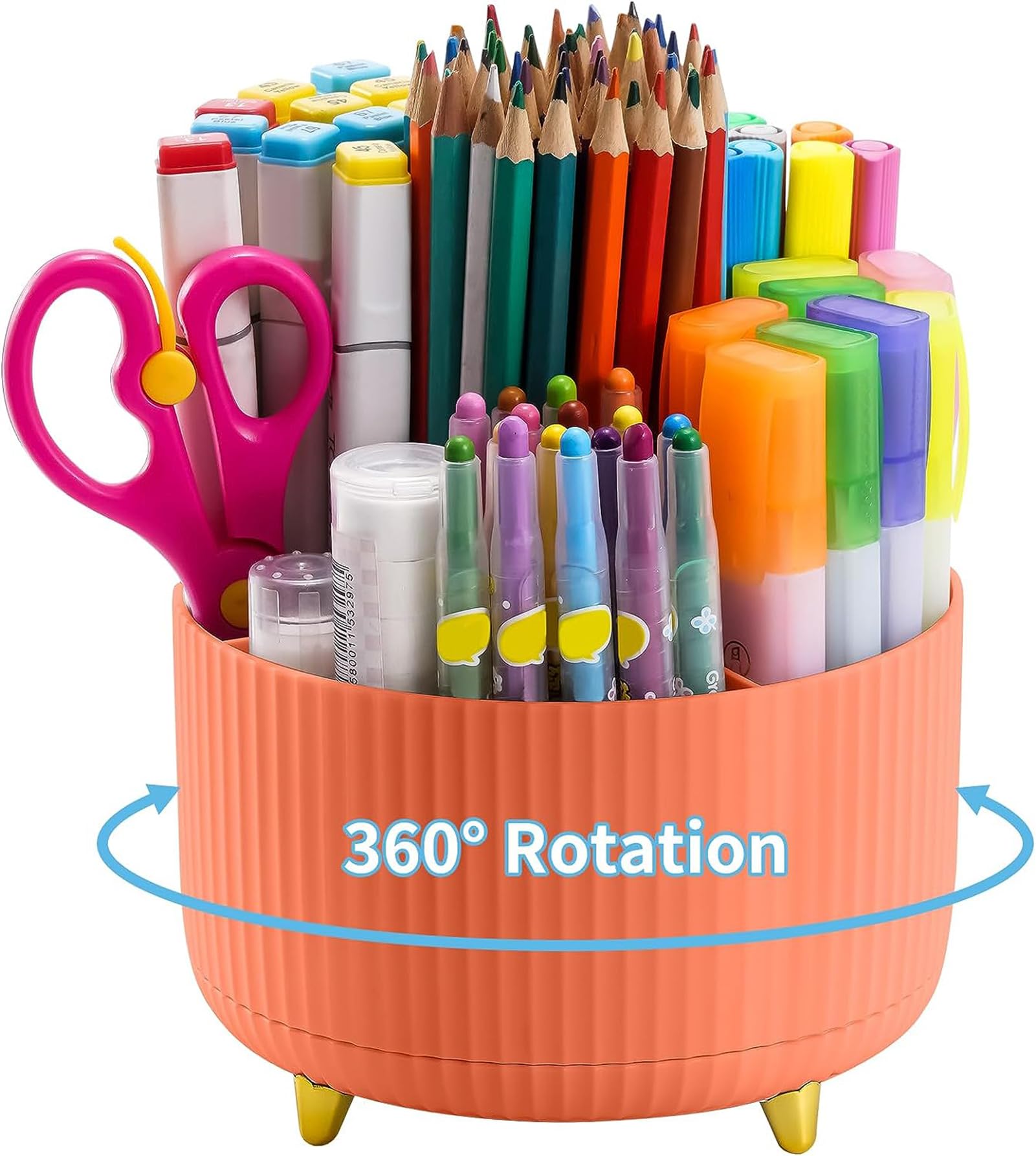 Marbrasse Desk Organiser,360-Degree Rotating Pen Holder for Accessories with 5 Compartments Pencil Organiser, Pen Storage Box Caddy for Office,Home(Orange)