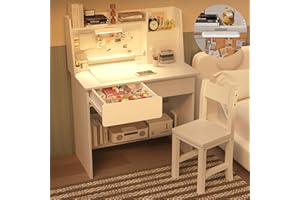 SFDOU Kids Study Desk with 3-Color Lights, White Desk and Chair Set for 5-12 Year Old, Drawing Desk with Wooden Tabletop Paper Roll Dispenser, Study Table with Drawers and Storage Shelf-Mb35