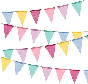 BEFORYOU 60 Flags Imitated Burlap Pennant Banner - Multicolor Fabric Triangle Flag Bunting for Summer Party and Festival Hanging Decoration
