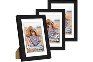 Vittanly 4x6 Picture Frame Set of 3, Display Pictures 3.5x5 with Mat or 4x6 without Mat for Wall Mounting or Tabletop, Picture Frames for Wall Decor, Engineered Wood, Black