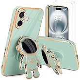 Pepmune for iPhone 17 Case, Cute 3D Astronaut Stand with [2 Screen Protector] [Camera Protection] Kickstand Shockproof Bling Silicone Soft Phone Back Cover for Apple iPhone 17 Case, Green
