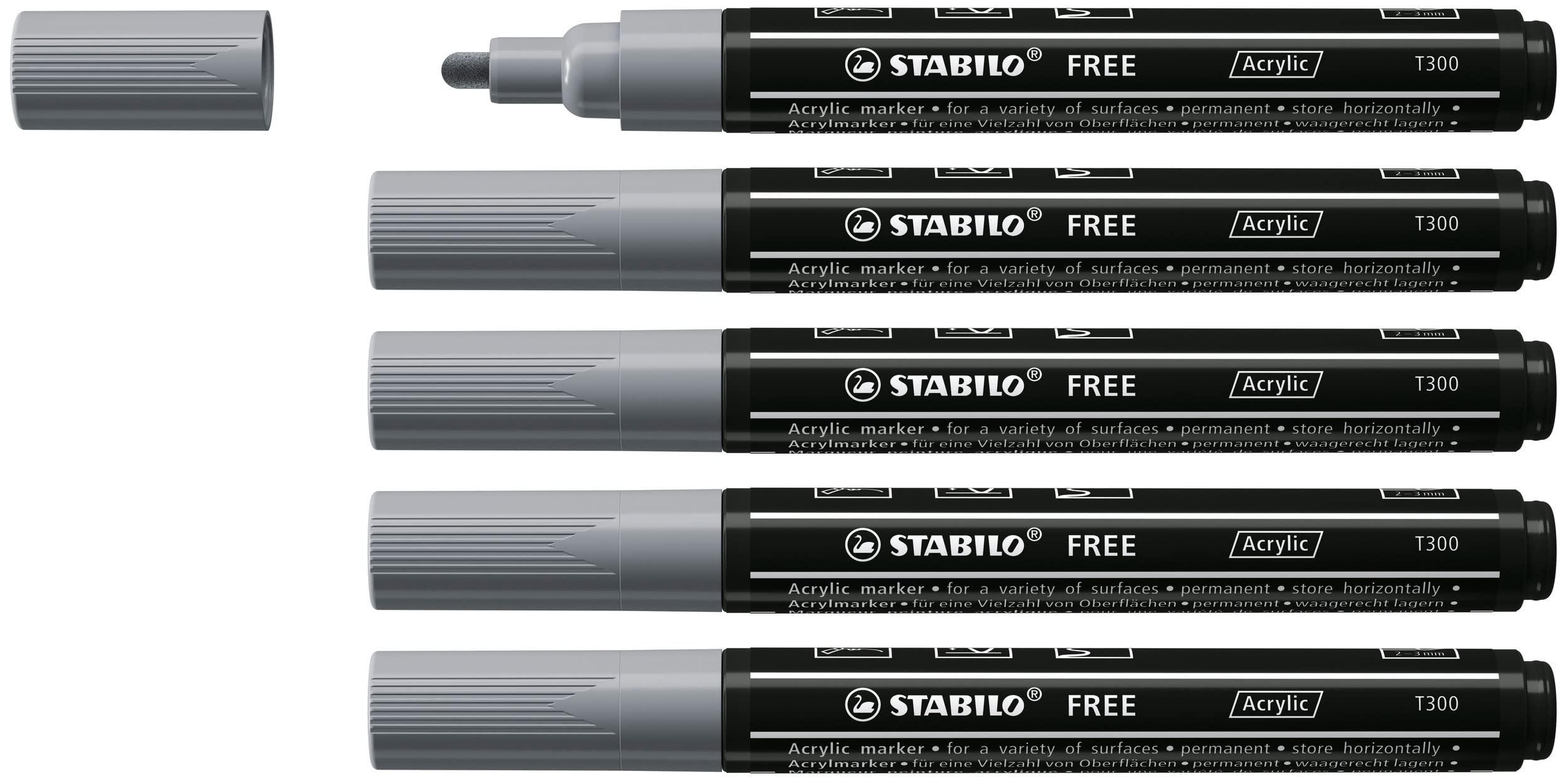STABILO Acrylic Marker FREE Acrylic - T300 2-3 mm Bullet Tip - Box of 5 - Dark Grey