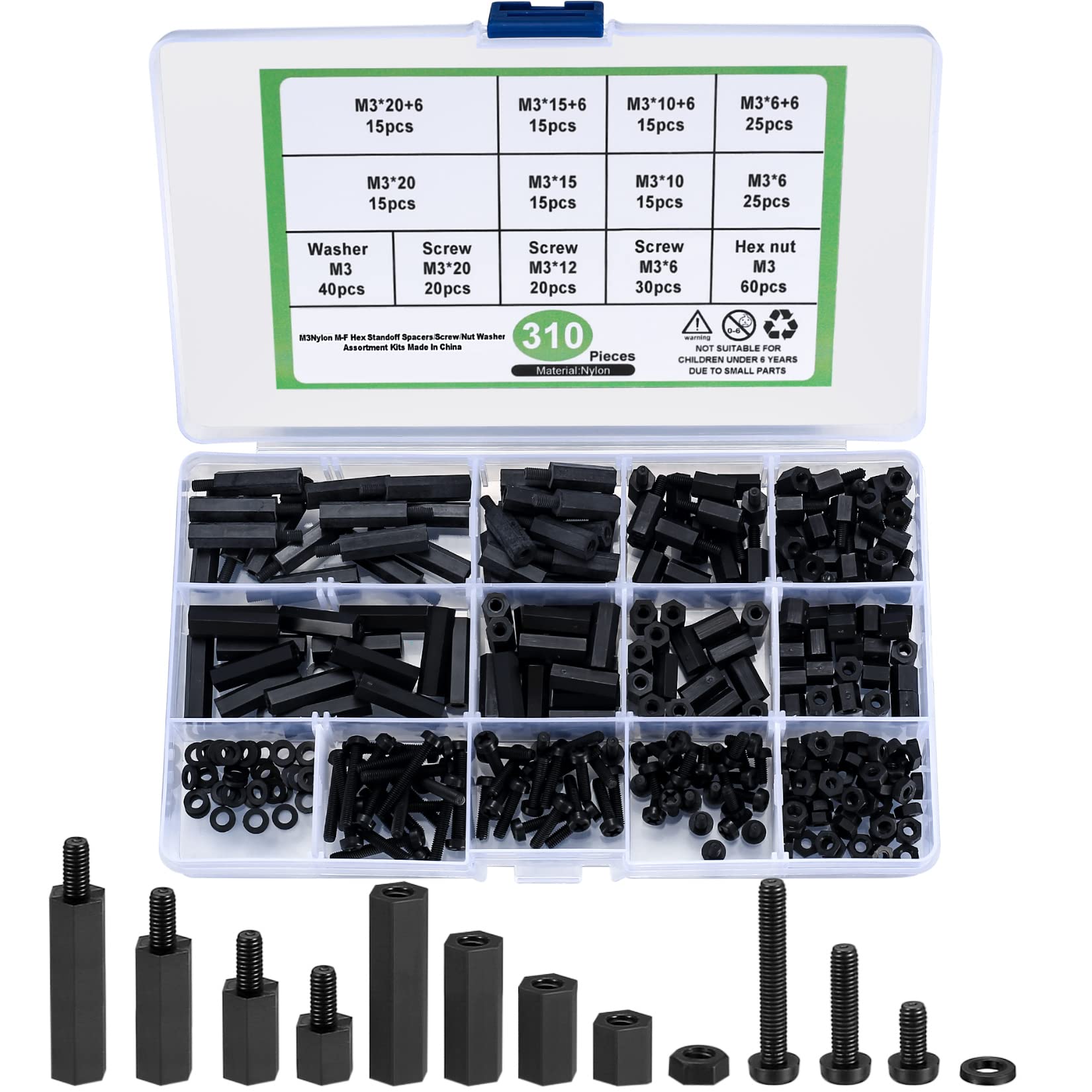310 Pcs M3 Male Female Nylon Hex Standoff Spacer Nut Threaded Pillar Standoff Screws Spacers Washers Assorted Assortment Kit, for PCB Board Motherboard DIY Use (black) — image 1