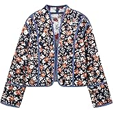 Flygo Women Cropped Puffer Jacket Cardigan Floral Printed Quilted Coats Lightweight Open Front Crop Padded Down Jackets