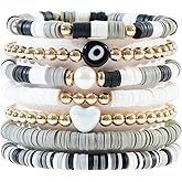 LALAPPLE Preppy Heishi Clay Bead Stretch Bracelets for Women Stackable Gold Plated Pearl Evil Eye Beaded Bracelets Boho Summer Beach Jewelry for Women