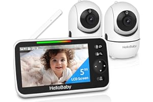 HelloBaby 5’’ Baby Monitor with 26-Hour Battery, 2 Cameras Pan-Tilt-Zoom, 1000ft Range Video Audio Baby Monitor No WiFi, VOX,