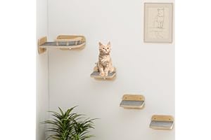 Megidok Cat Wall Furniture Corner Climbing Shelf Perches, Cat Bed Wall Mounted with 3 Wide Steps,Modern Floating Stairs for Wall Indoor Cats up to 22 Lbs for Cats - Wood Color