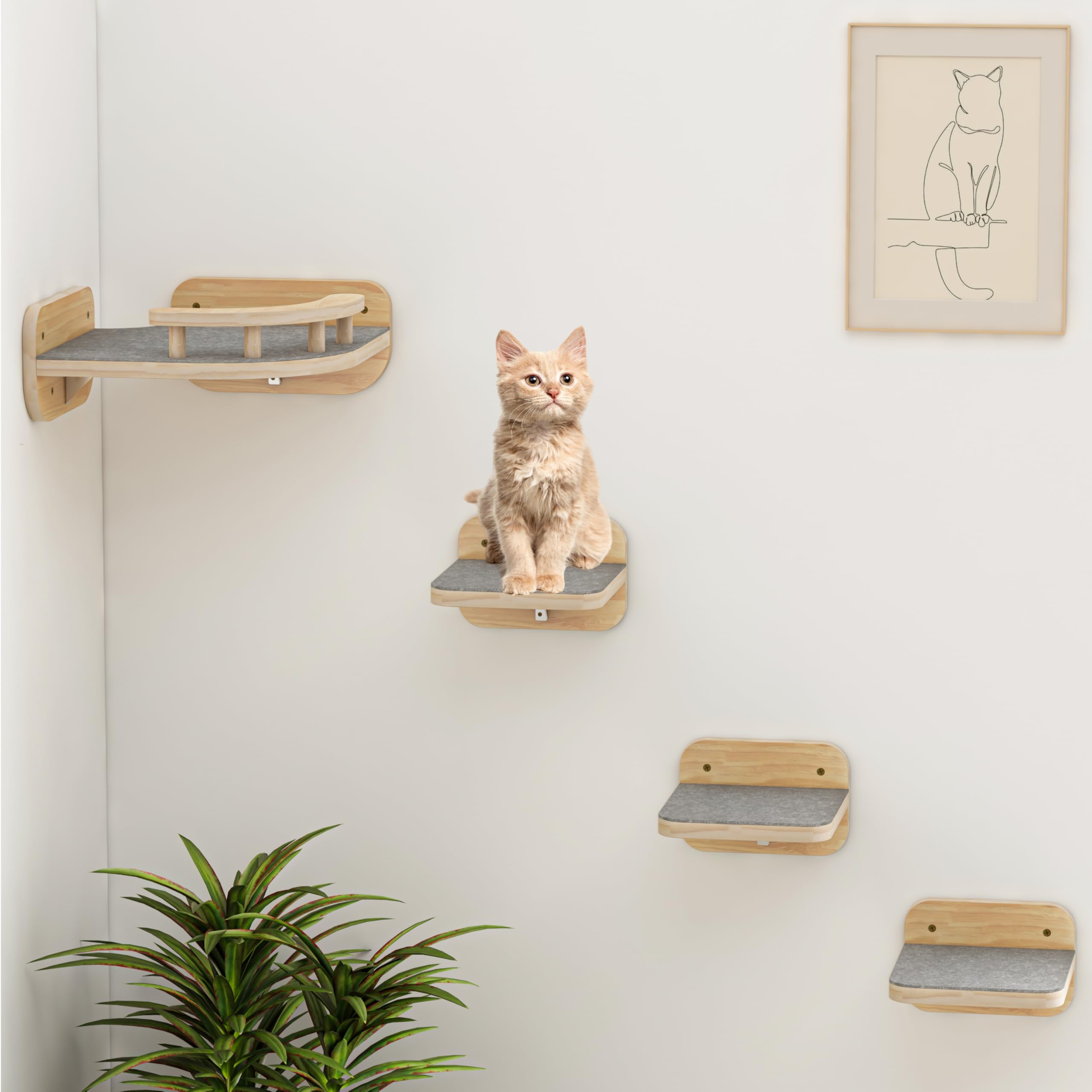 Photo 1 of Megidok Cat Wall Furniture Corner Climbing Shelf Perches, Cat Bed Wall Mounted with 3 Wide Steps,Modern Floating Stairs for Wall Indoor Cats up to 22 Lbs for Cats - Wood Color