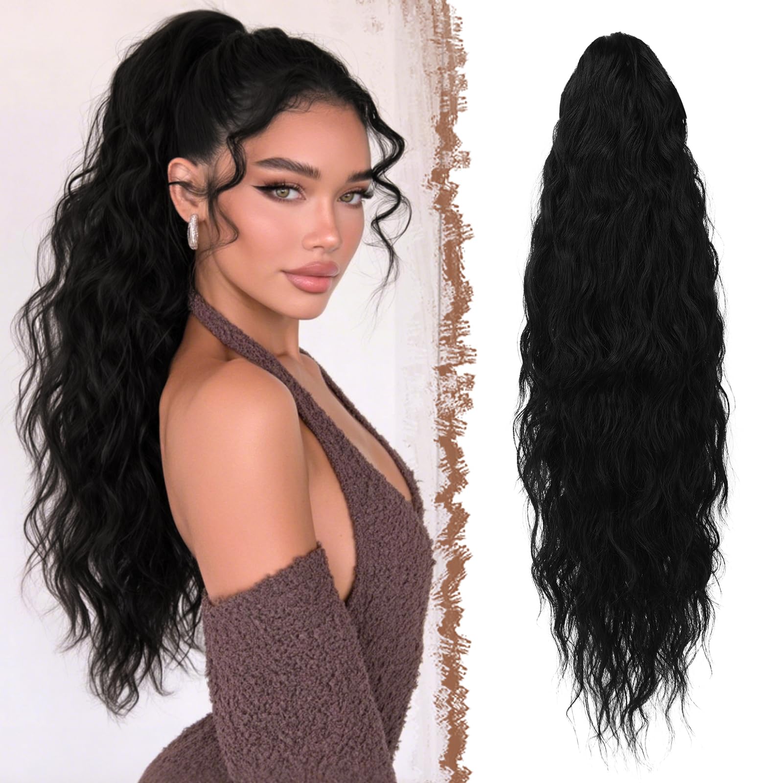 FESHFEN Long Curly Wavy Drawstring Ponytail Extensions Clip in Wavy Synthetic Hairpieces Black Drawstring Ponytail Curly Hair Piece Pony Tail Extension for Women, 26 inch — image 1