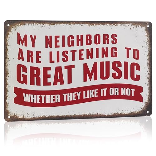 Plliocse Funny Music Metal Sign - My Neighbors Are Listening to Great Music - Gift for Music Lovers Garage Bar Man (Red2)