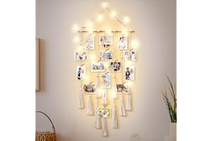 popotop Hanging Photo Display with Clip,Boho Home Wall Decor, Picture Frames Collage with LED Light String,Teenager Teen Girl Gifts Trendy Stuff,Photo Clip Holder for Children Christmas Birthday Gifts