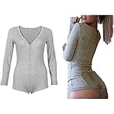 Roselux Women's Sexy Deep V Neck Shorts Long Sleeve Knitted One Piece Bodysuit Sexy Pajama Onesie Bodycon Rompers Overall