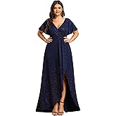Ever-Pretty Plus Cocktail Dress V Neck A Line Ball Gown Ruffle Sleeve High Low Glitter Plus Size Prom Party Dresses for Women