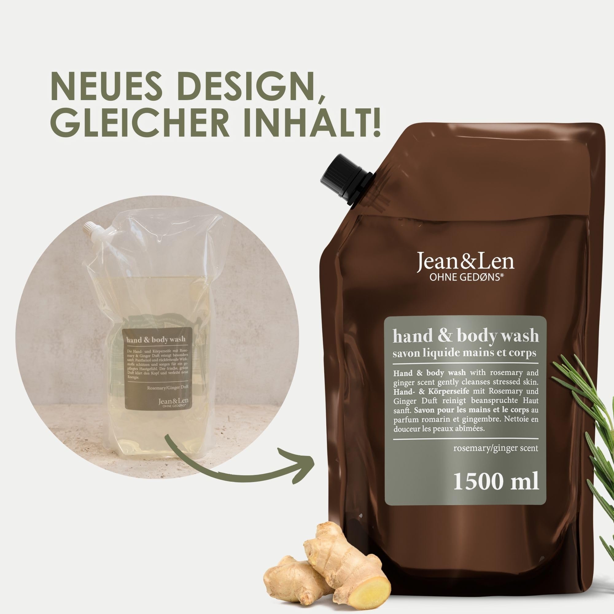 Jean & Len Hand & Body Wash Rosemary und Ginger im Nachfüllbeutel, reinigt und pflegt die Haut, würzig-frischer Duft, Flüssigseife im Nachfüllpack, ohne Silikone & Parabene, 1,5L 2