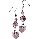 Pink Crystal Heart Rhinestone Ball Earrings - Easter Mother's Day Valentine's Day Christmas Birthday Gift - Handmade Dangles