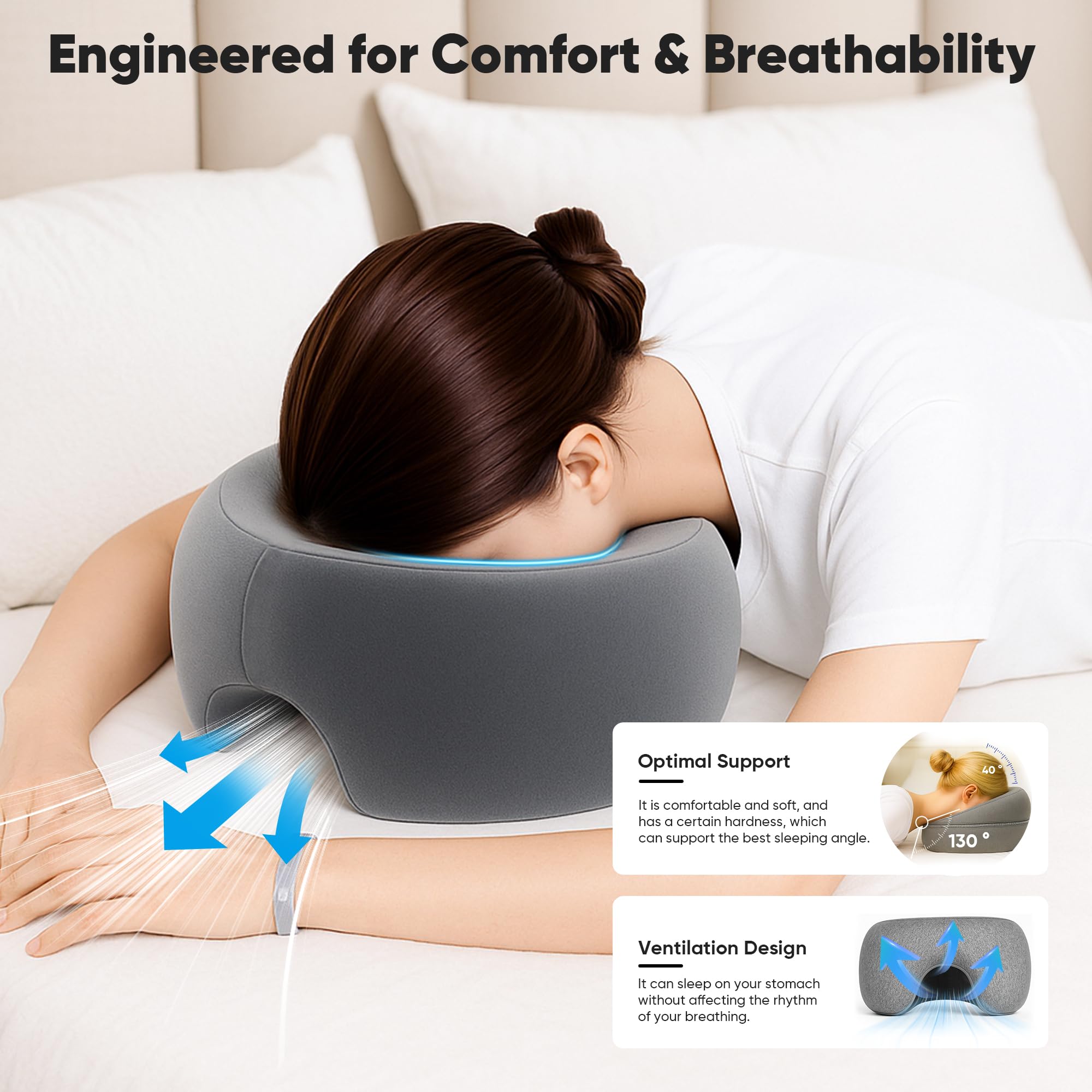Massage Headrest for Bed, Ergonomic Memory Foam Massage Pillow, Face Down Pillow for Massage & Sleep, Breathable Face Pillow for Spa, Napping & Skincare, Relieves Neck Pain & Wrinkles, Grey