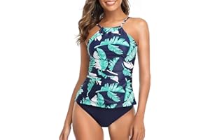 Tempt Me Two Piece Tankini Set Tummy Control Swimsuit for Women High Neck Top with Bottom Bathing Suits Ruched Swimwear
