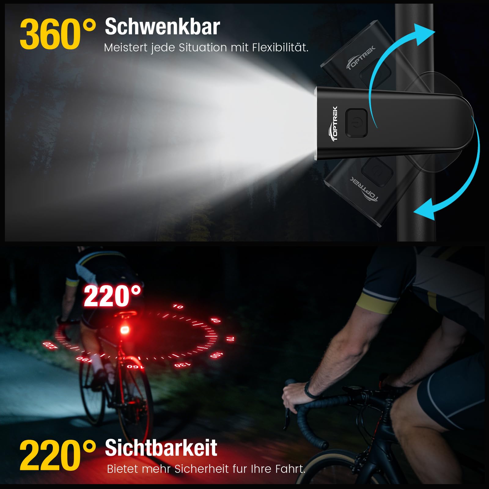 toptrek Fahrradlicht Set USB Aufladbar, StVZO Zugelassen Fahrrad Lichter LED Set, IPX5 Wasserdicht Fahrradlampe Set mit Austauschbarem Akku Design, Fahrradbeleuchtung Set mit Langer Akkulaufzeit 5