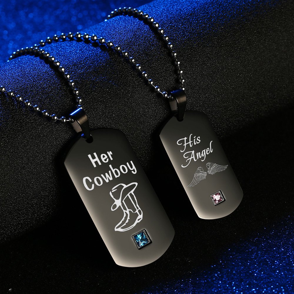 GAGAFEEL Couples Necklace His Angle Her Cowboy CZ Pendant Dog Tag Necklaces Anniversary Gift for Friends Women Men (His Angle Her Cowboy)
