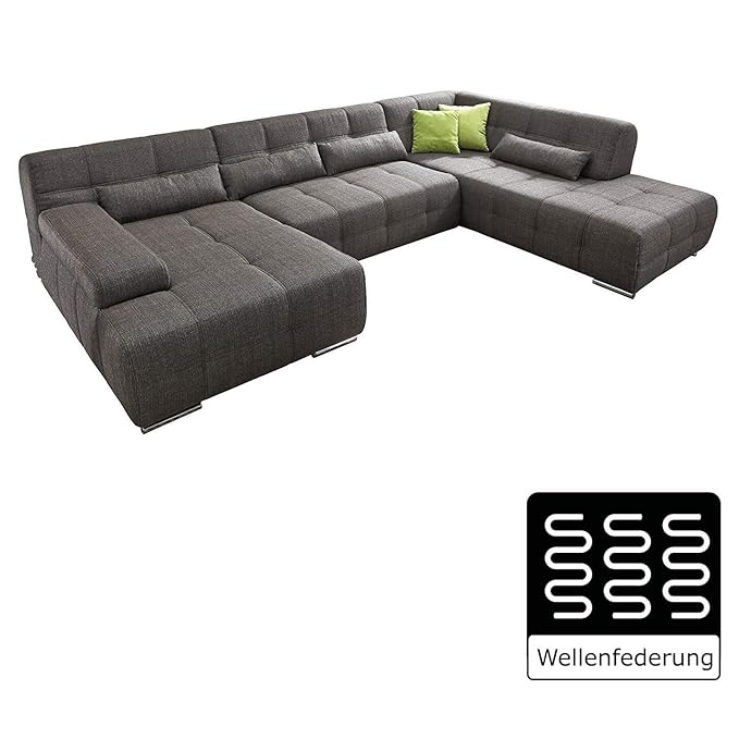 Cavadore Wohnlandschaft Boogies mit Longchair links / Sofa U-Form mit moderner Steppung in Sitz und Rückenlehne / Rückenecht 