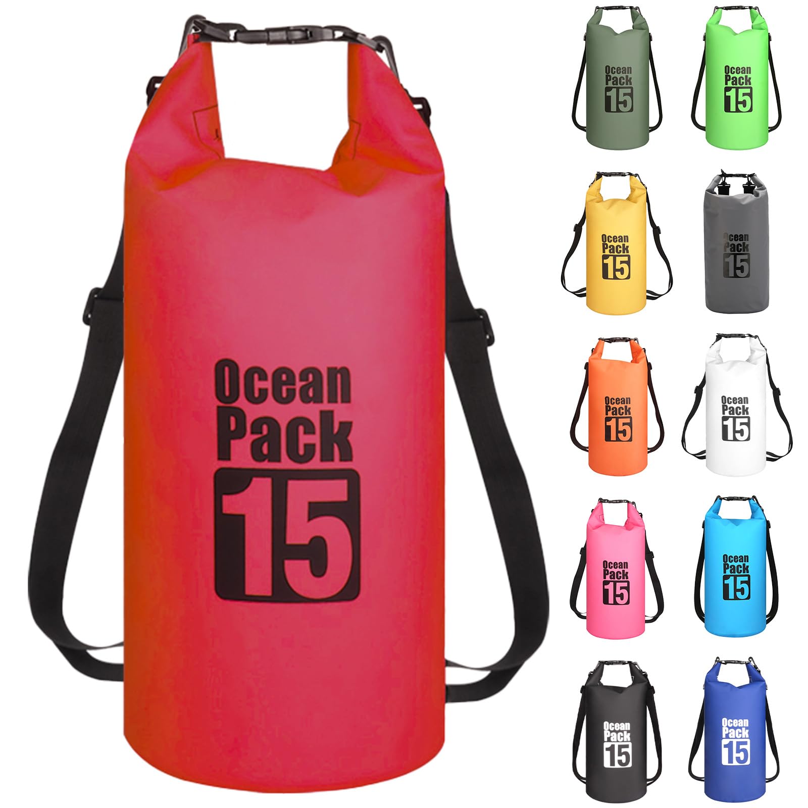 MORAINJAY 15L Red Dry Bag,Waterproof Bag with Double Adjustable Shoulder Strap,Middle Capacity Dry Sack 2L 5L 10L 15L 20L 30L for Outdoor Camping,Rafting,Swimming,Boating,Surfing