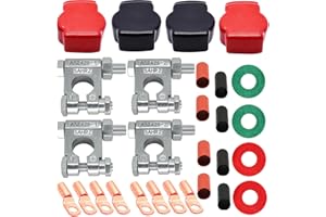 DLronwey Battery Terminal Connectors,Military Spec Positive Negative Heavy Duty Battery Terminals with 8 pcs 2 Gauge 3/8" Copper Lugs,8 Heatshrink,4 Cover and Anti Corrosion Washers