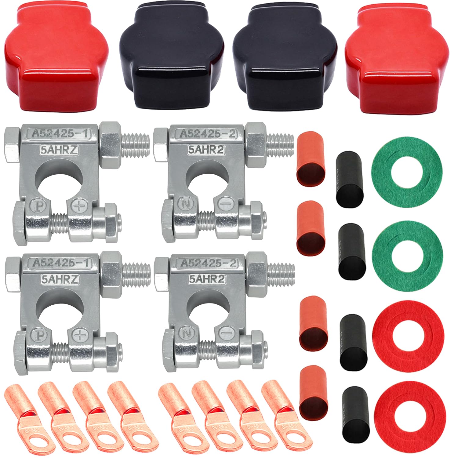 Photo 1 of DLronwey Battery Terminal Connectors,Military Spec Positive Negative Heavy Duty Battery Terminals with 8 pcs 2 Gauge 3/8" Copper Lugs,8 Heatshrink,4 Cover and Anti Corrosion Washers