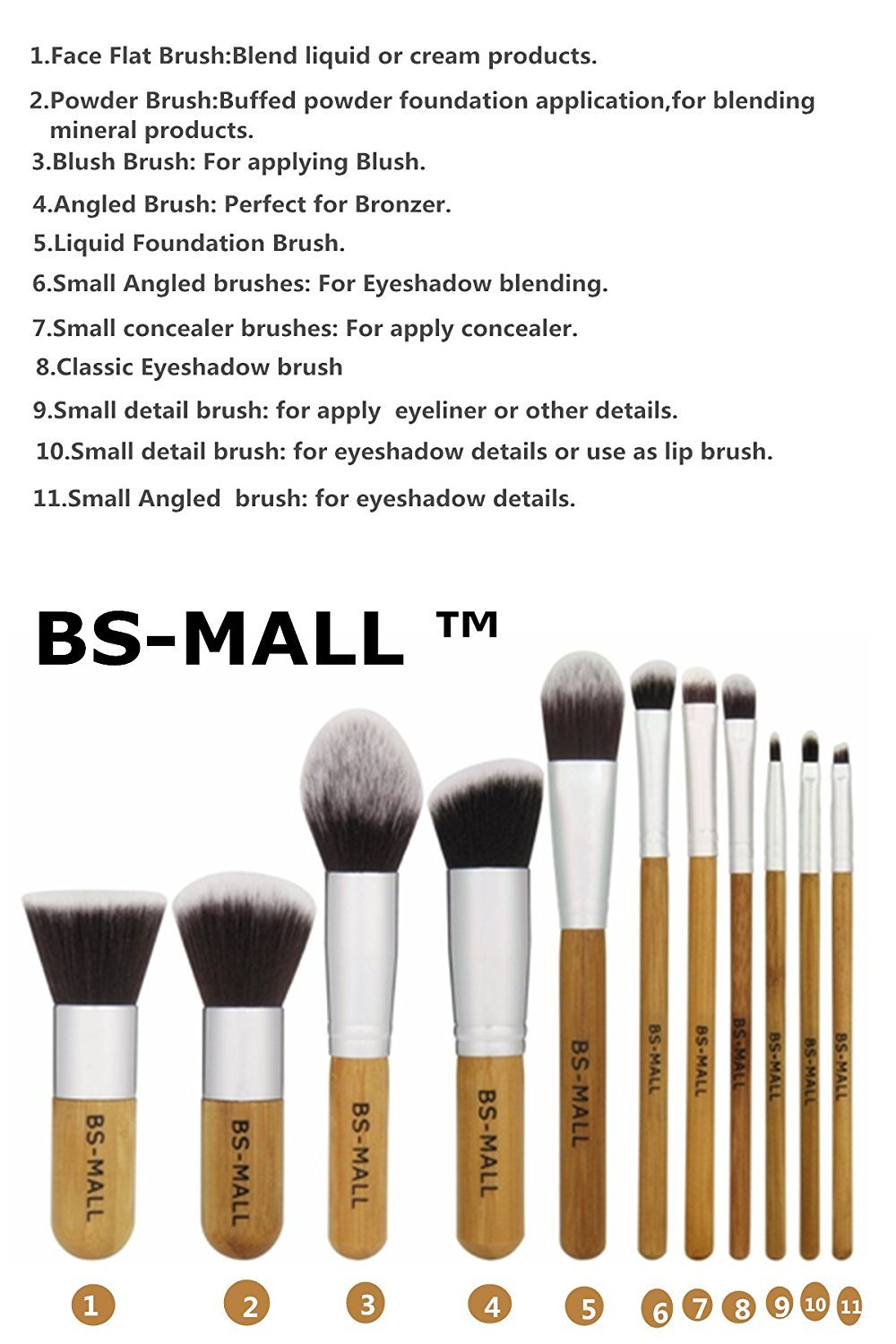 BS-MALL Makeup Brush Set 11Pcs Bamboo Synthetic Kabuki Brush Set Foundation Powder Blending Concealer Eye shadows Blush Cosmetics Brushes with Organizer Bag & Makeup Sponge: Beauty