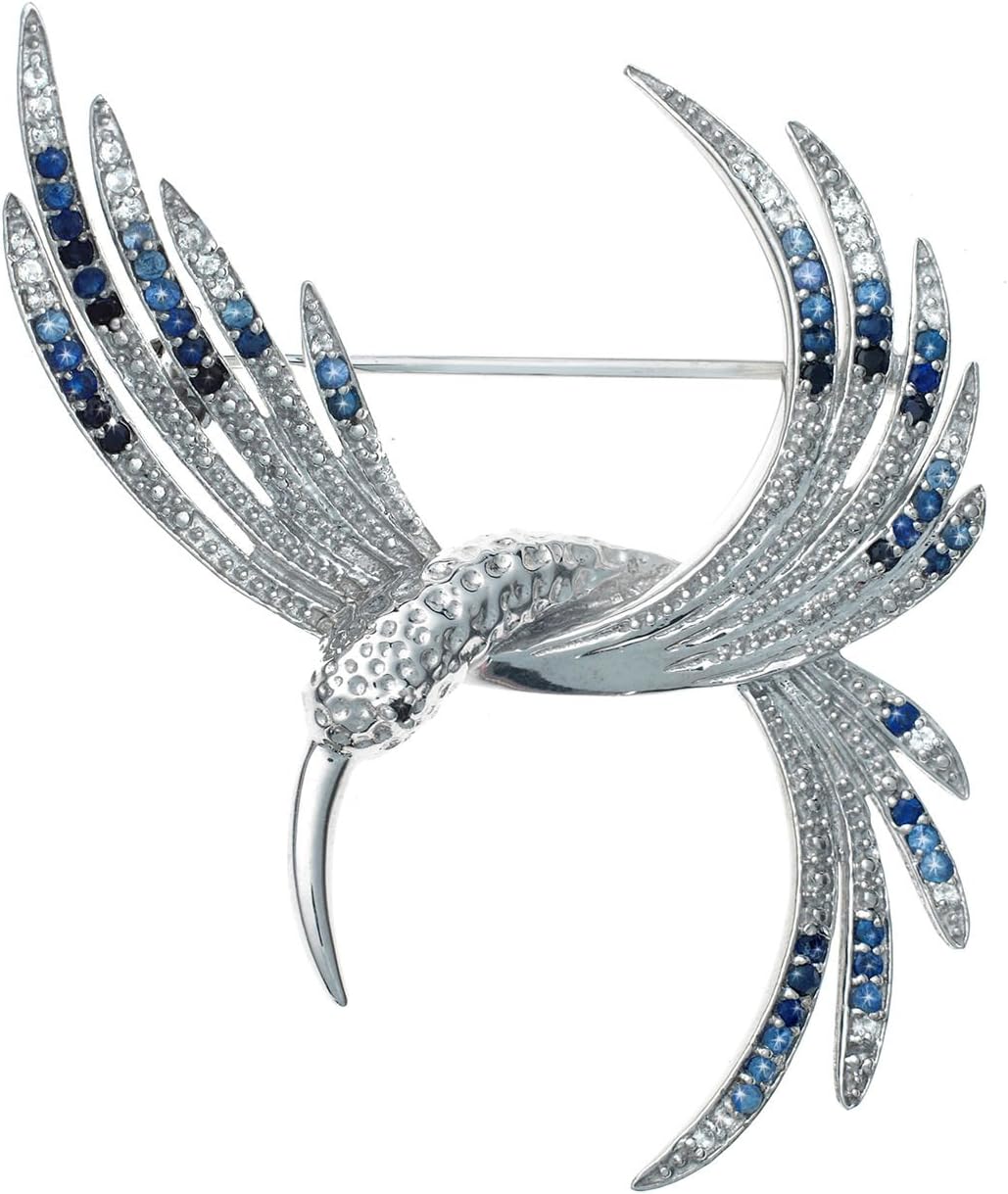 Anderson and Webb Silver Sapphire Hummingbird Brooch With Free Silver Plated Ball Stud Earrings