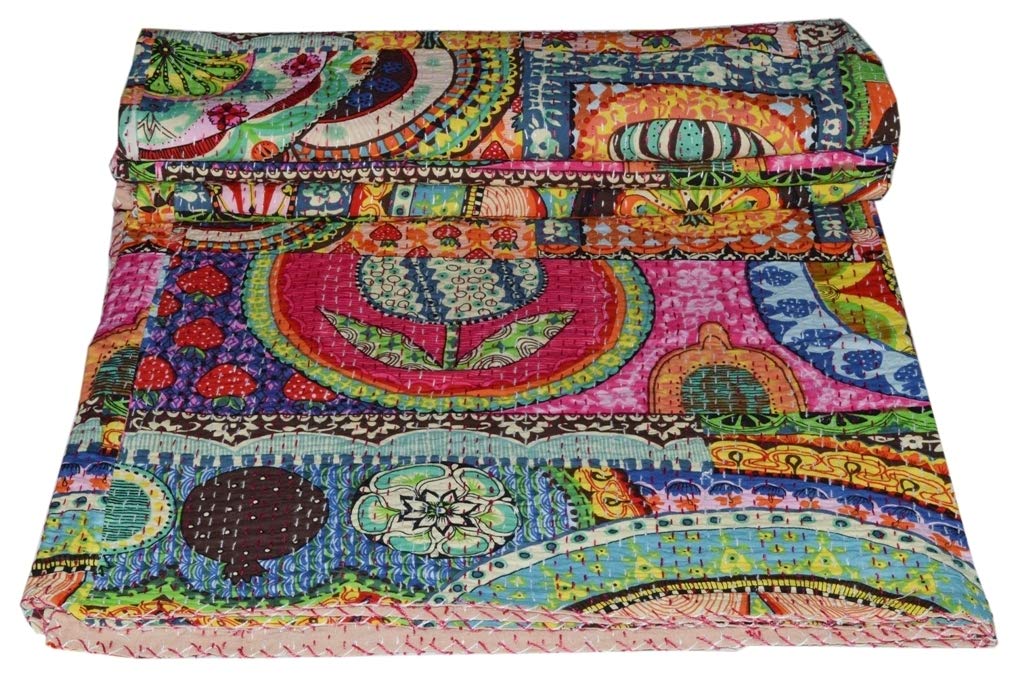 MAVISS HOMES Indian Hand Block Print Kantha Quilt Queen Size Quilt Kantha Bedspread White Quilt Cotton Kantha Throw Bedding (Multicolor1, Twin 90 X 60 In)