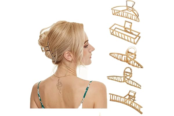 Laicky 5 Pack Hair Clips Larger Metal Hair Claw Clips 4 Inch Nonslip Hair Crab Elegant Alloy Gold Jaw Clamp Hollow Geometric