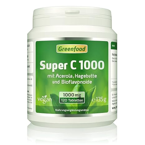 Super C, 1000 mg Vitamin C, hochdosiert, 120 Tabletten, vegan – mit Acerola, Hagebutte und Bioflavonoiden. Für ein bärenstark