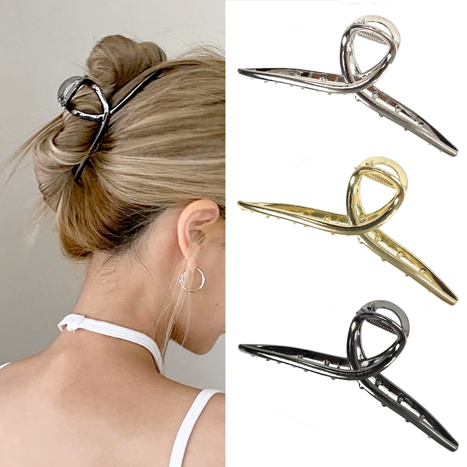 Big Metal Hair Claw Clips Large Butterfly Hair Clips for Women 5.3" Large Metal Clip Larger Size Hair Clip for Girls Hair Accessories for Long Thick Hair 3 Pcs (Silver,Gold,Black) — image 1