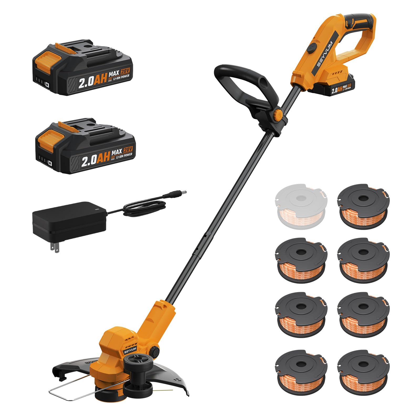 Photo 1 of SEYVUM String Trimmer, 20V 12-inch Cordless Weed Wacker with Auto Line Feed, 2 X 2.0Ah Battery Powered Lawn Edger with 8 Pcs Grass Cutter Spool Line, Fast Charger Included, Orange