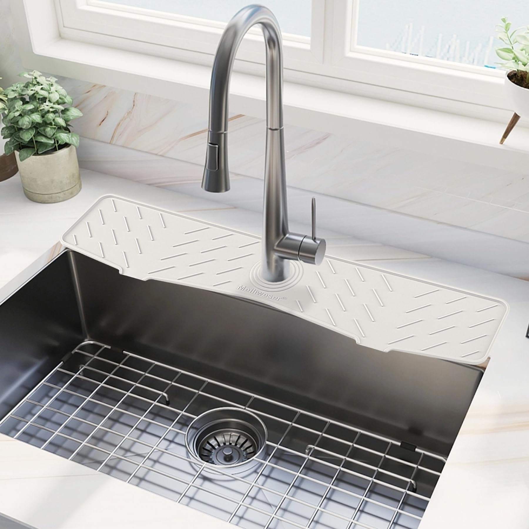 Photo 1 of Meiliweser Silicone Faucet Splash Guard Gen 2 - Outlet & Slope Upgraded Faucet Water Catcher Mat - 24” x 5.1” - Sink Sponge Holder for Kitchen, Bathroom (White)