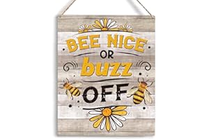YCYD Bee Decor Bee Nice Or Buzz Off Wooden Hanging Sign Bee Kitchen Decor Rustic Farmhouse Decorations for Home Kitchen Sign 10x8 Inches Inspirational Decor And Gift for Bee Farm Owners