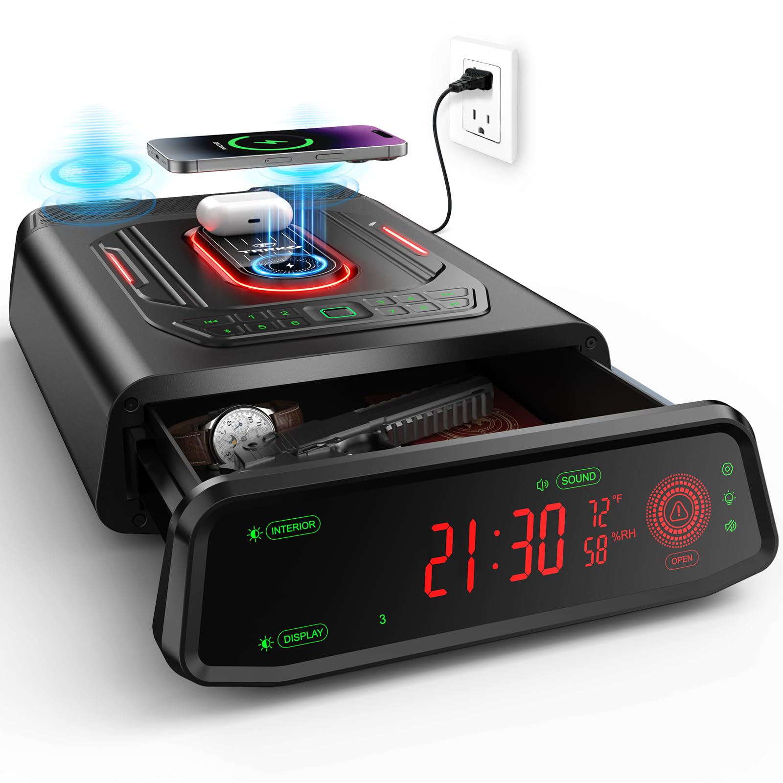 Photo 1 of TRRKO Biometric Gun Safe with Built-in Speaker, High-Accuracy & Fast-Response Fingerprint, Wireless Charging Station, Fully Auto-Open Drawer, Fits 2 Pistols, Bedside Handgun Safe for Nightstand