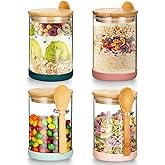 Mfacoy Set of 4 Airtight Glass Jars with Bamboo Lids & Spoons, 17 oz Borosilicate Overnight Oats Containers with Lids, Clear Food Storage Canister for Cookie, Candy, Coffee, Sugar, Matcha Tea, Flour
