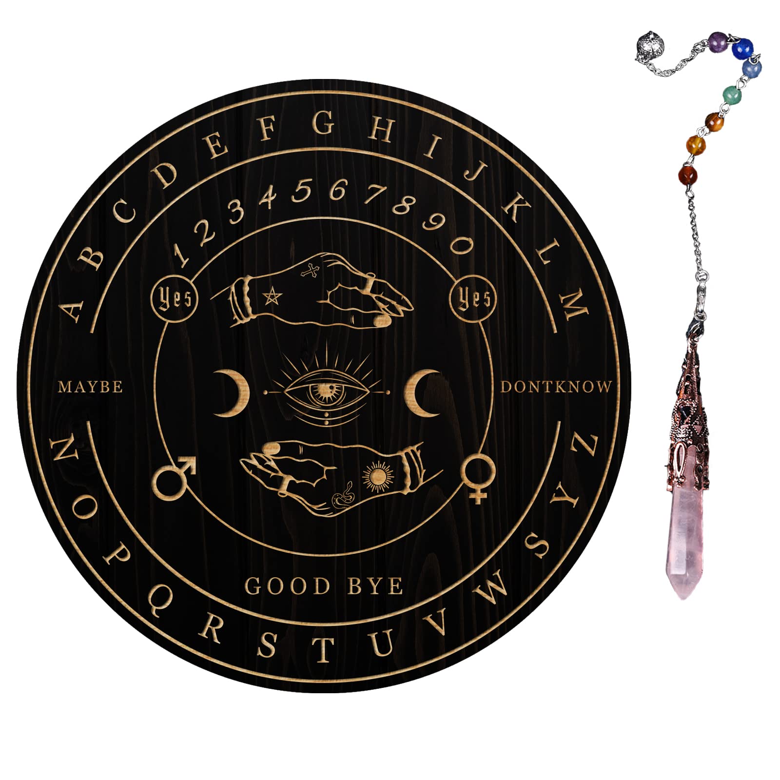 AHANDMAKER Wood Rectangular Magic Hand Eye Pendulum Board, Rose Quartz Crystal Pendulum, Divination for Witchcraft Wiccan Altar Supplies Kit