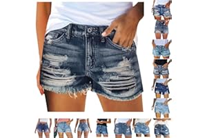 Lainuyoah Jeans Shorts For Women Trendy Mid Rise Ripped Denim Shorts Summer Stretch Distressed Frayed Raw Hem Hot Short Jeans
