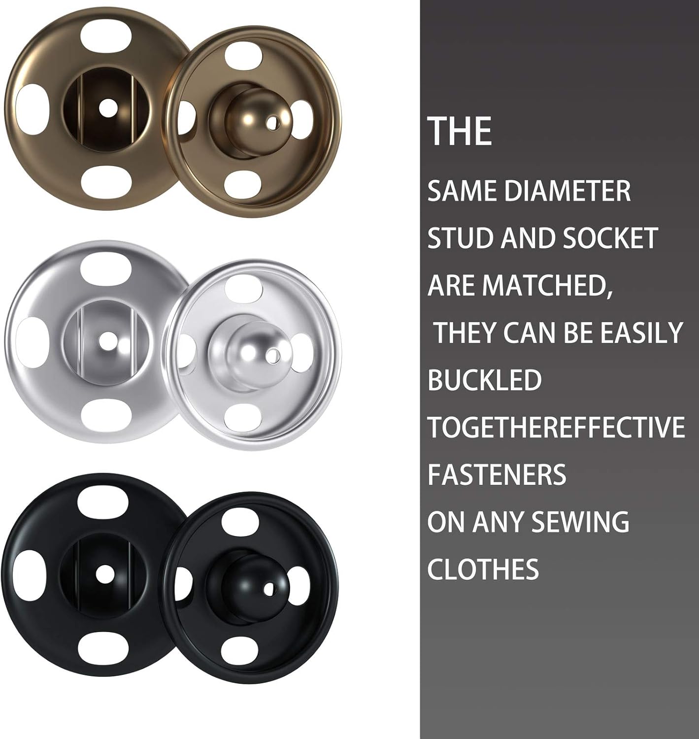 Meikeer 100 Sets Sew-on Snap Buttons Brass Snap Fastener Buttons Press Button Sew on Press Studs for Sewing Clothing Silvery and Black(10mm)